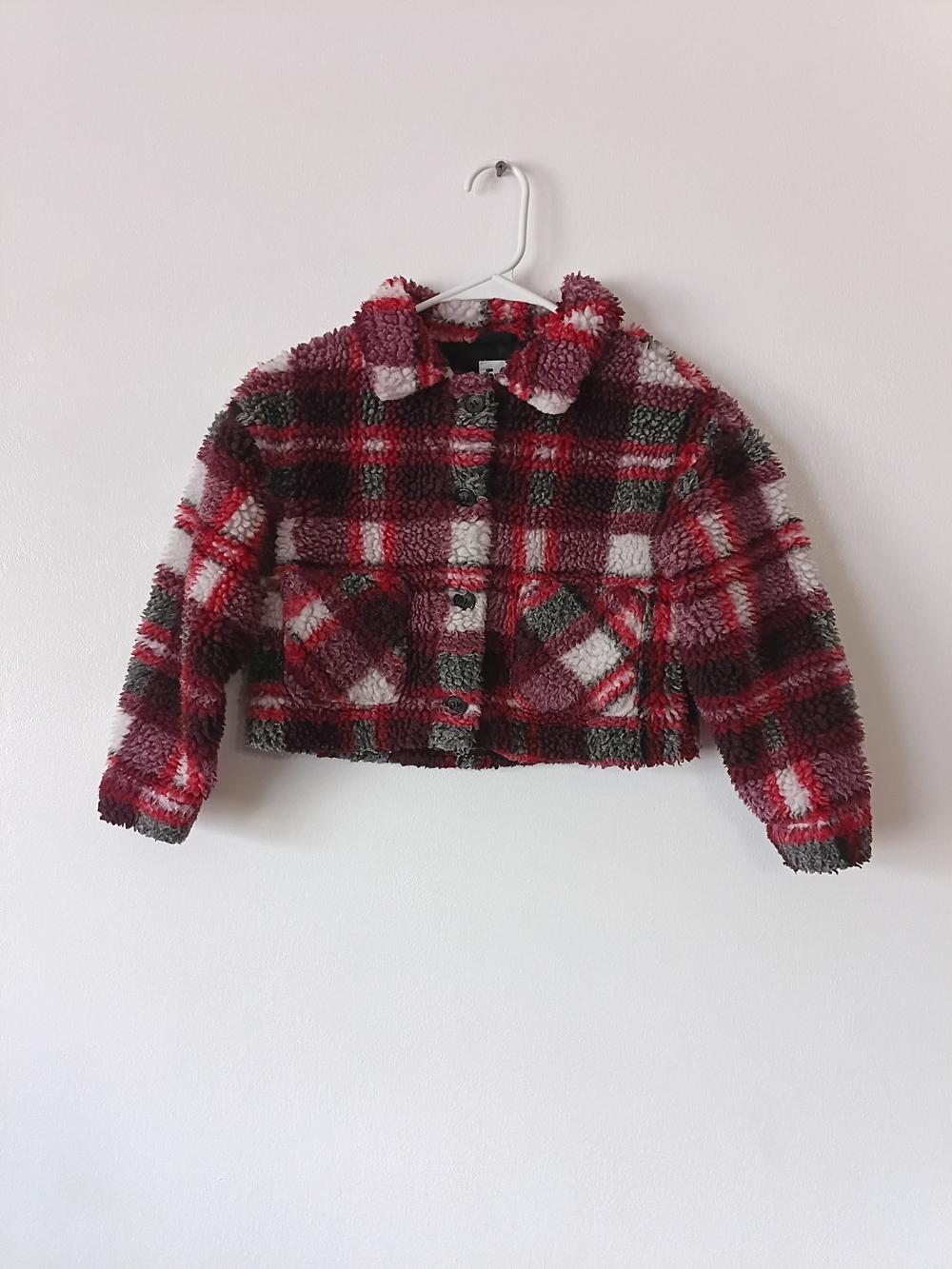 Cotton:On Kids Girls Red Multi Plaid Sherpa Jacket Size 5-6
